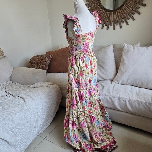 House of Harlow 1960 Size S Multicolor Floral Smocked Maxi Dress Boho Tiered - Picture 4 of 9